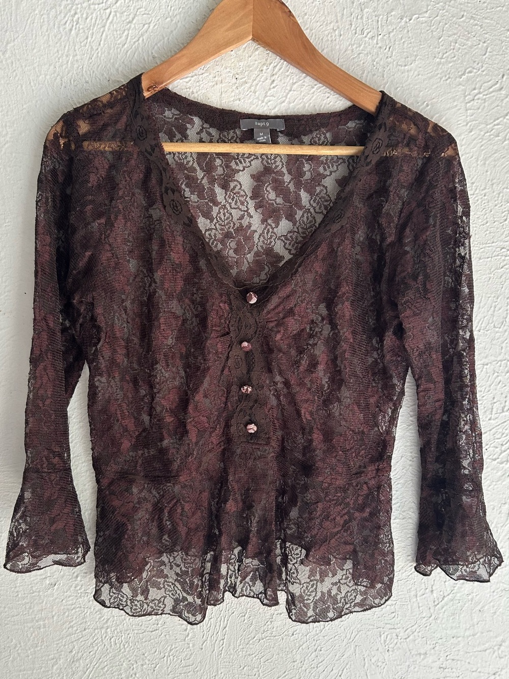 Y2K Whimsigoth Witchy Sheer Floral Lace Bell Sleeve Top Medium Chocolate Brown